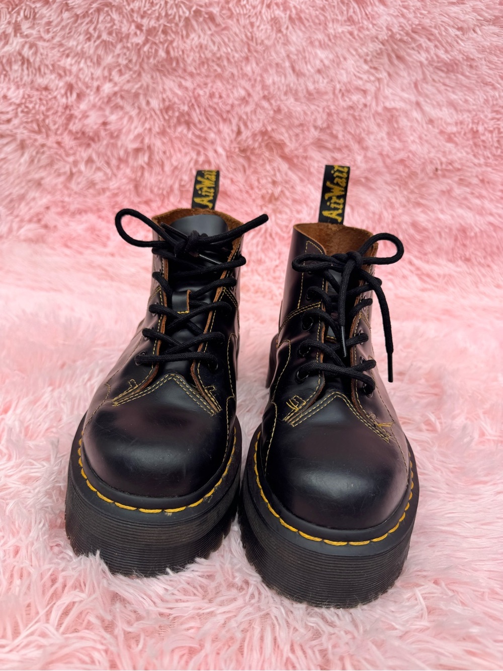 Dr. Martens Black Lace-Up Platform Boots with Yellow Stitching - Picture 2 of 6